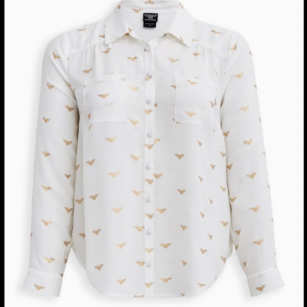 SOLD Torrid Madison Gold Wonder Woman Logo Button  Blouse Plus Size 3x (22-24)